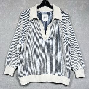Aerie Sugar Rush Chenille Knit V Neck Collar Pullover Sweater Blue White Medium